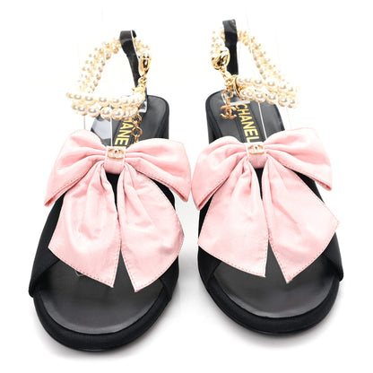 Chanel Silk Pearl Bow CC Ankle Strap Sandals 39.5 Pink Black 3 of 10