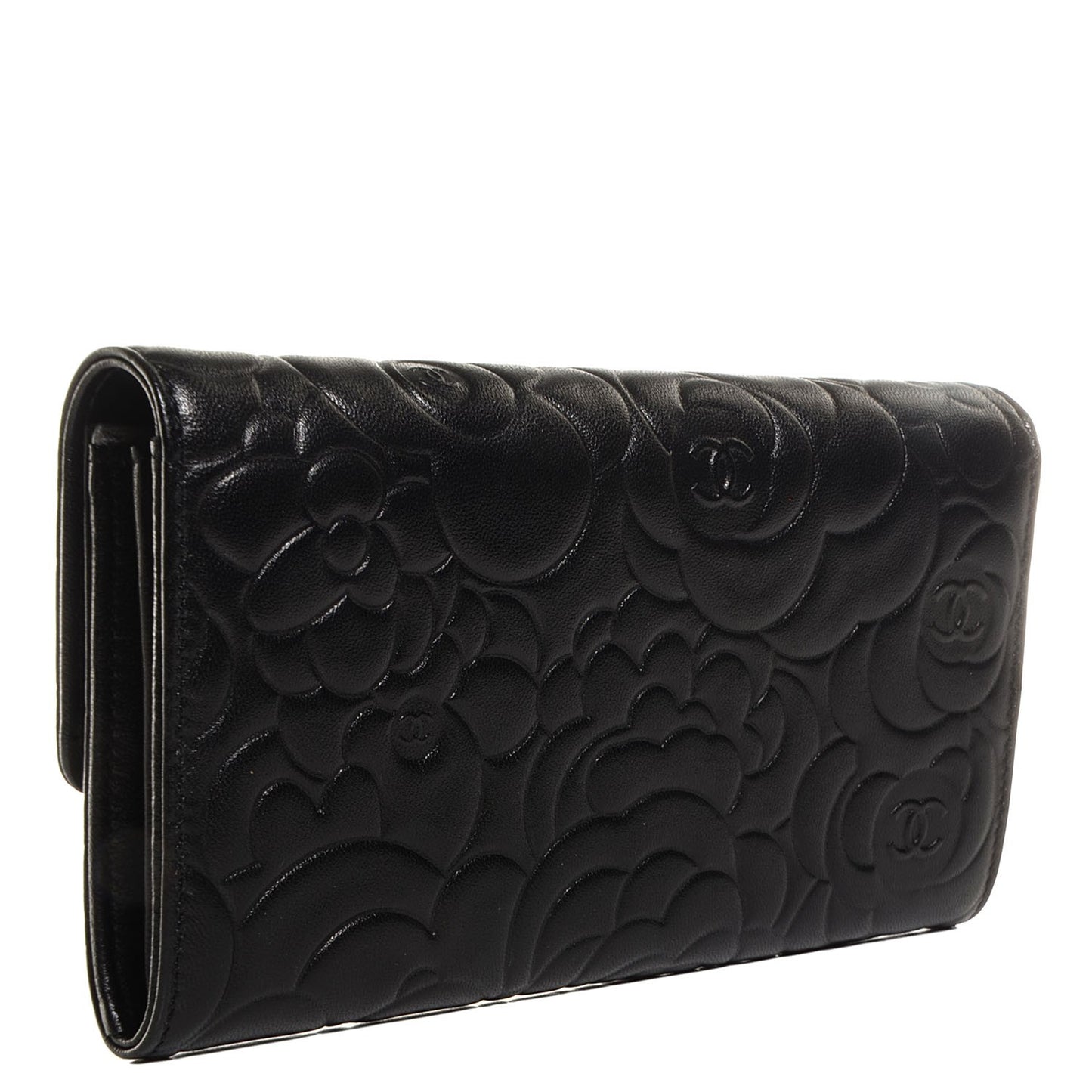 Lambskin Embossed Camellia Large Gusset Flap Wallet Black