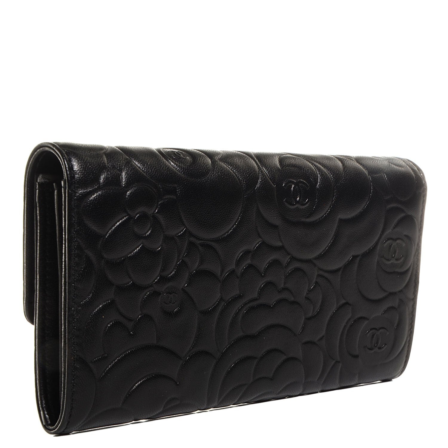 Chanel Lambskin Embossed Camellia Large Gusset Flap Wallet Black 3 of 9