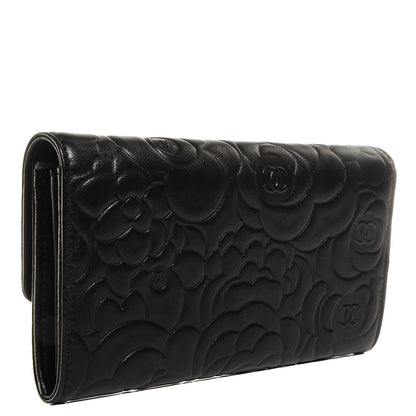 Chanel Lambskin Embossed Camellia Large Gusset Flap Wallet Black 3 of 9