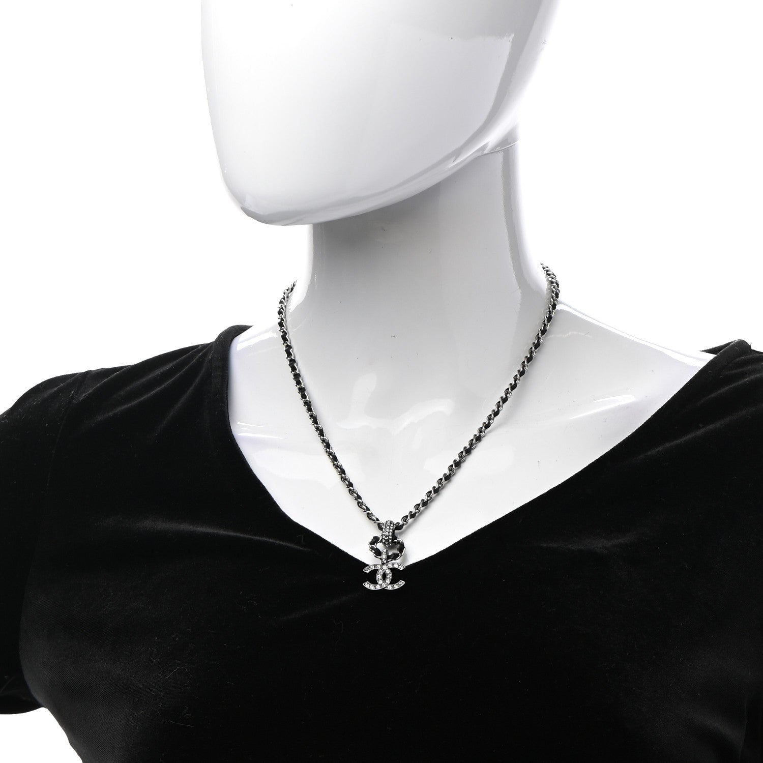 Chanel Metal Lambskin CC Chain Necklace Silver Black 2 of 6