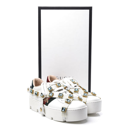 Gucci Calfskin Removable Crystals Bee Embroidered Ace Platform Sneakers 36 White 11 of 11