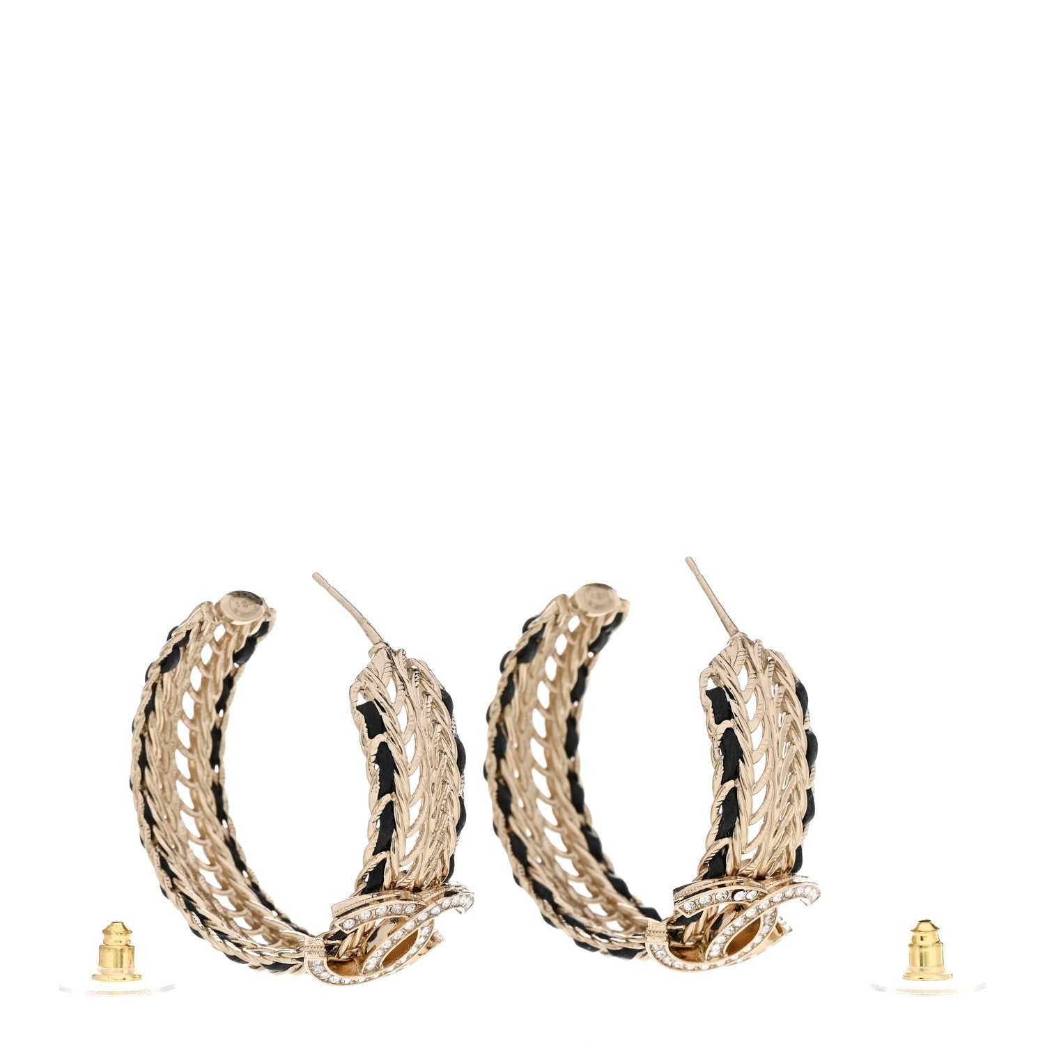 Chanel Crystal Lambskin CC Chain Hoop Earrings Gold Black 3 of 5