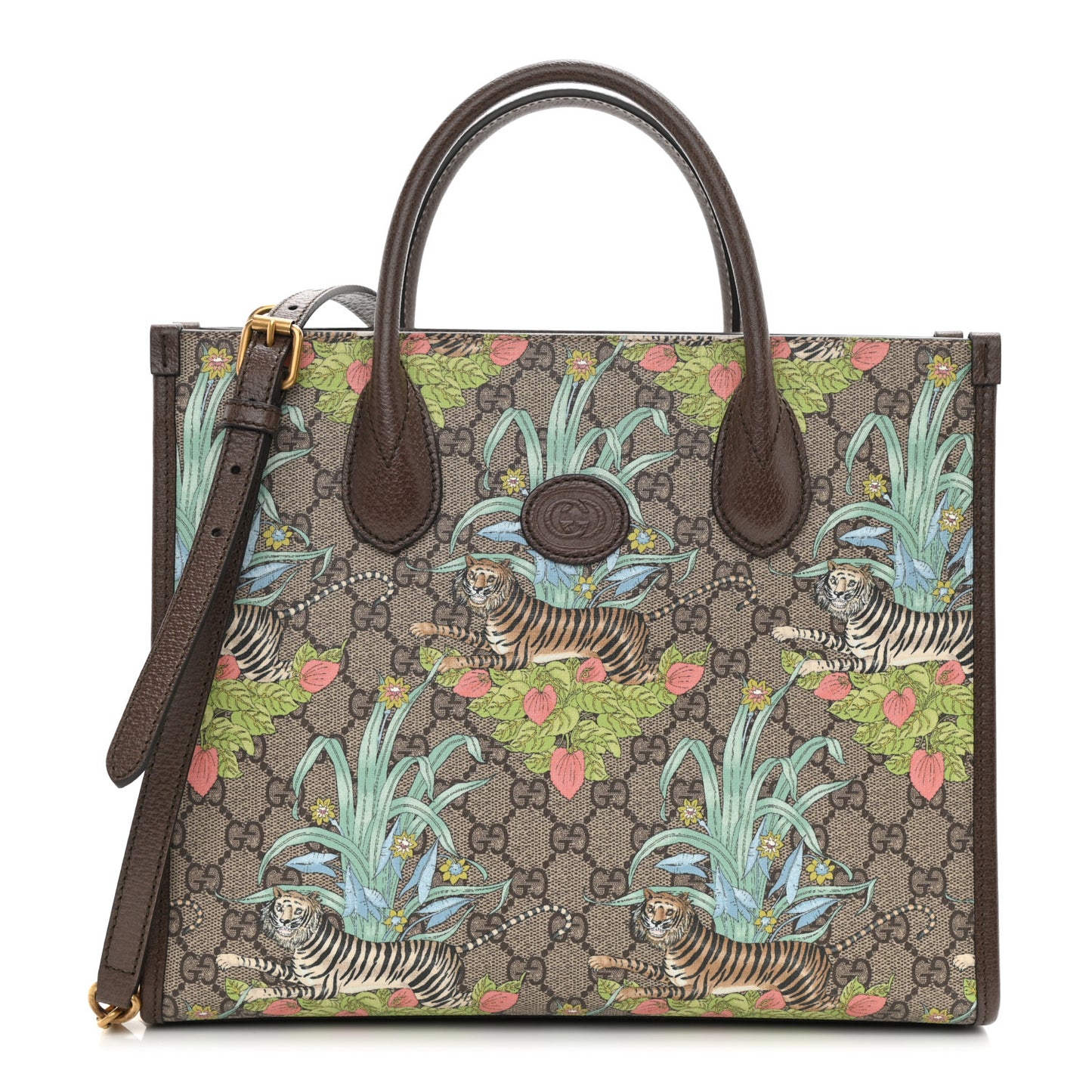 GG Supreme Monogram Tiger Savanah Textured Dollar Calfskin Small Retro Interlocking G Tote Bag Beige Ebony Multicolor New Acero