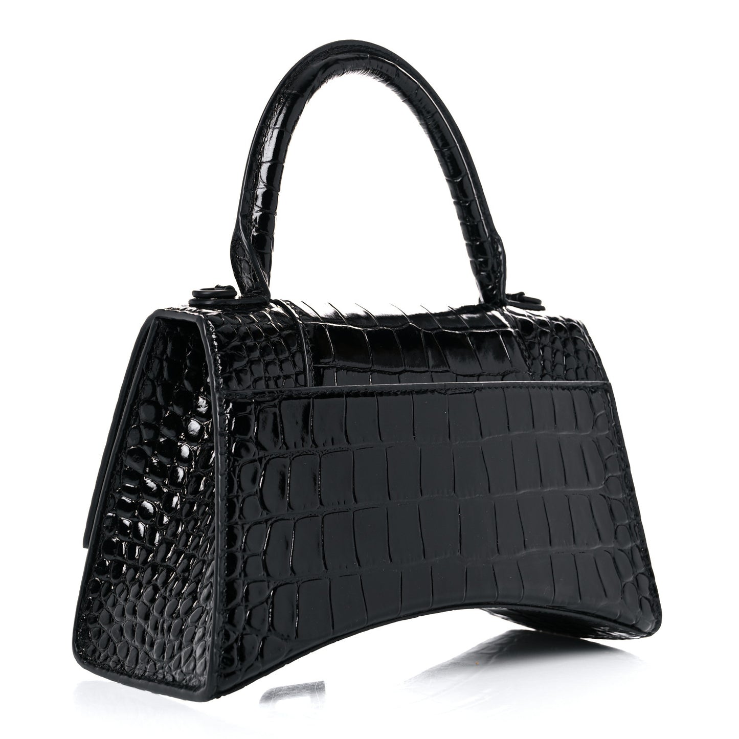 Shiny Calfskin Monochrome Crocodile Embossed Small Hourglass Top Handle Bag Black
