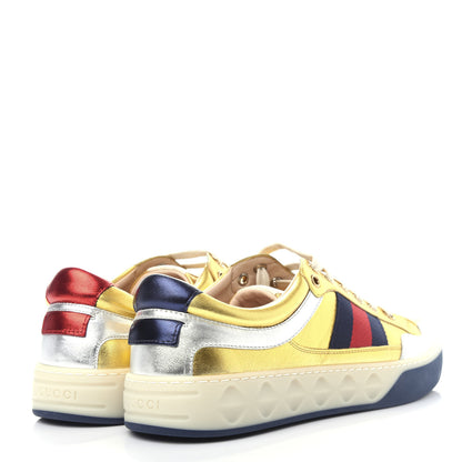 Gucci Metallic Nappa Web Mens Low Top Sneakers 8.5 Argento Oro Vecchio 4 of 11