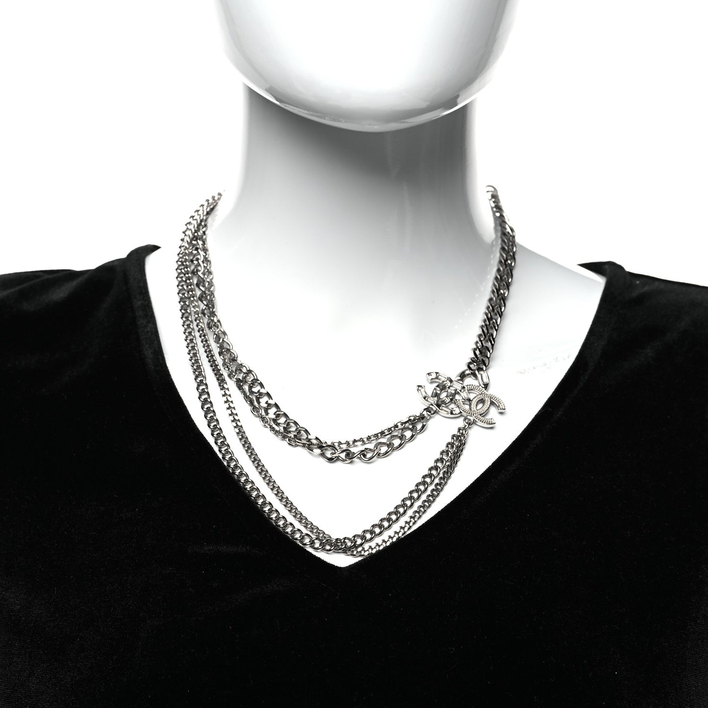 Metal Multi Chain Crystal Baguette CC Necklace Silver