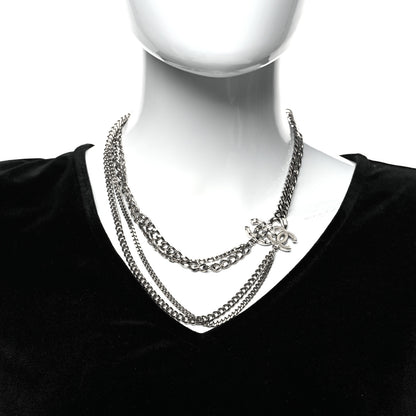 Chanel Metal Multi Chain Crystal Baguette CC Necklace Silver 2 of 5