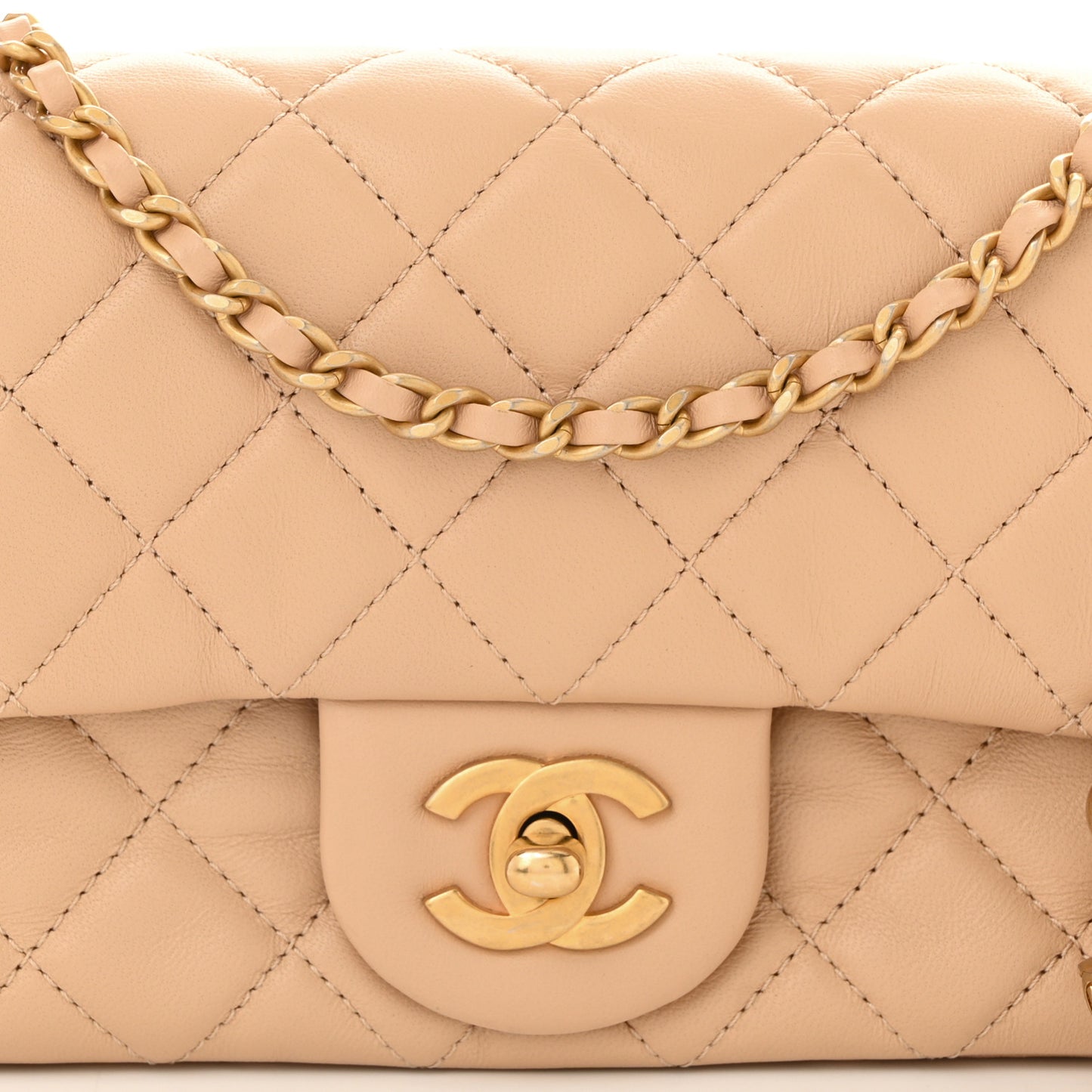 Lambskin Quilted Mini Rectangular Pearl Crush Flap Beige