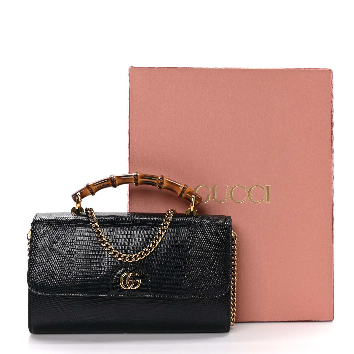 Calfskin Lizard Embossed Mini Diana Bamboo Top Handle Chain Bag Black