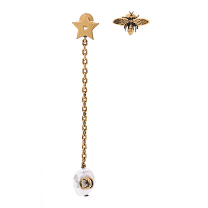 Christian Dior Metal Pearl Bee Star CD Drop Chain Earrings Aged Gold 1 of 4