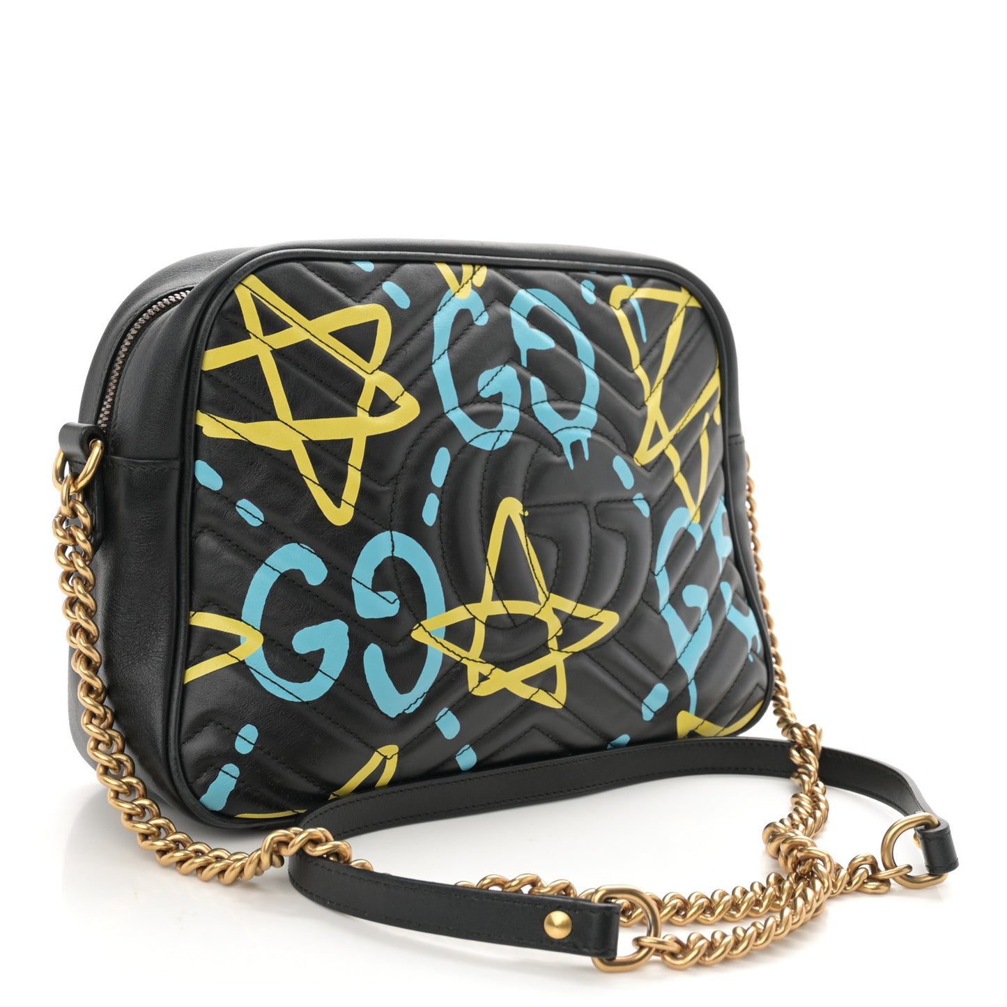 Calfskin Matelasse GucciGhost Medium GG Marmont Chain Shoulder Bag Black New Acquamarine