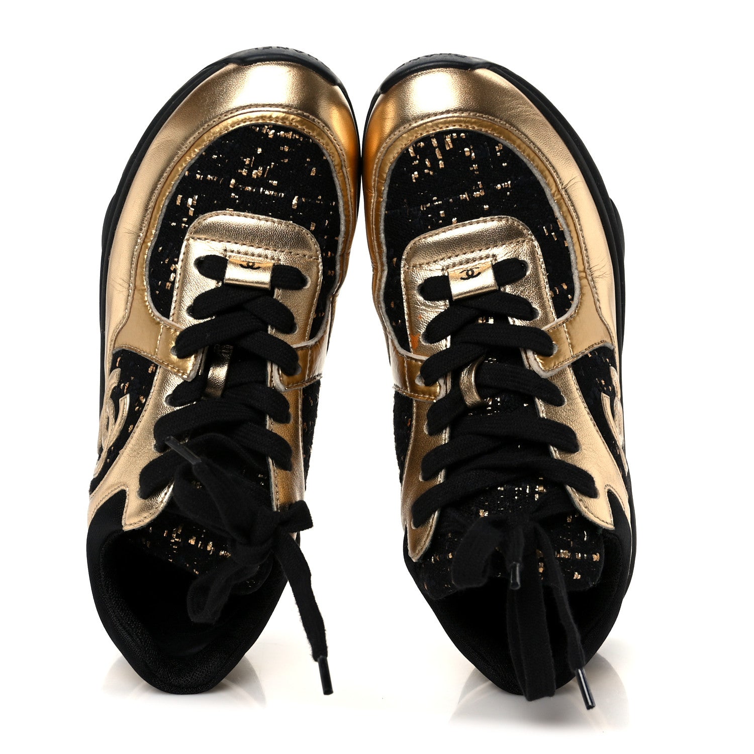 Chanel Satin Lambskin Fabric Tweed CC Sneakers 35.5 Gold Black