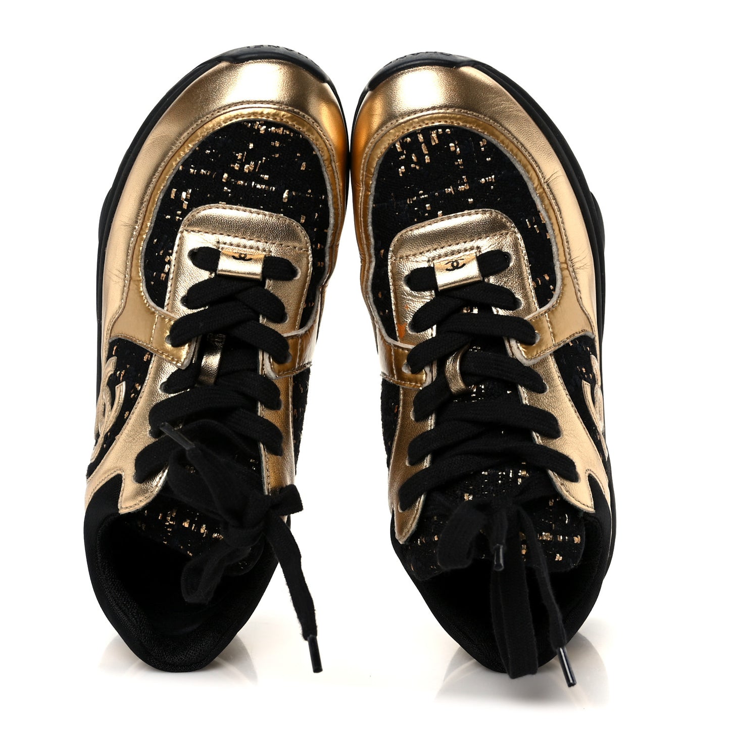 Satin Lambskin Fabric Tweed CC Sneakers 35.5 Gold Black
