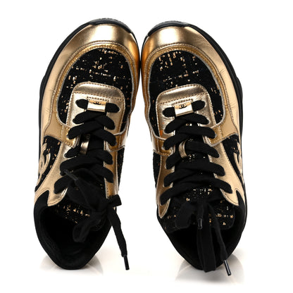 Chanel Satin Lambskin Fabric Tweed CC Sneakers 35.5 Gold Black 2 of 9
