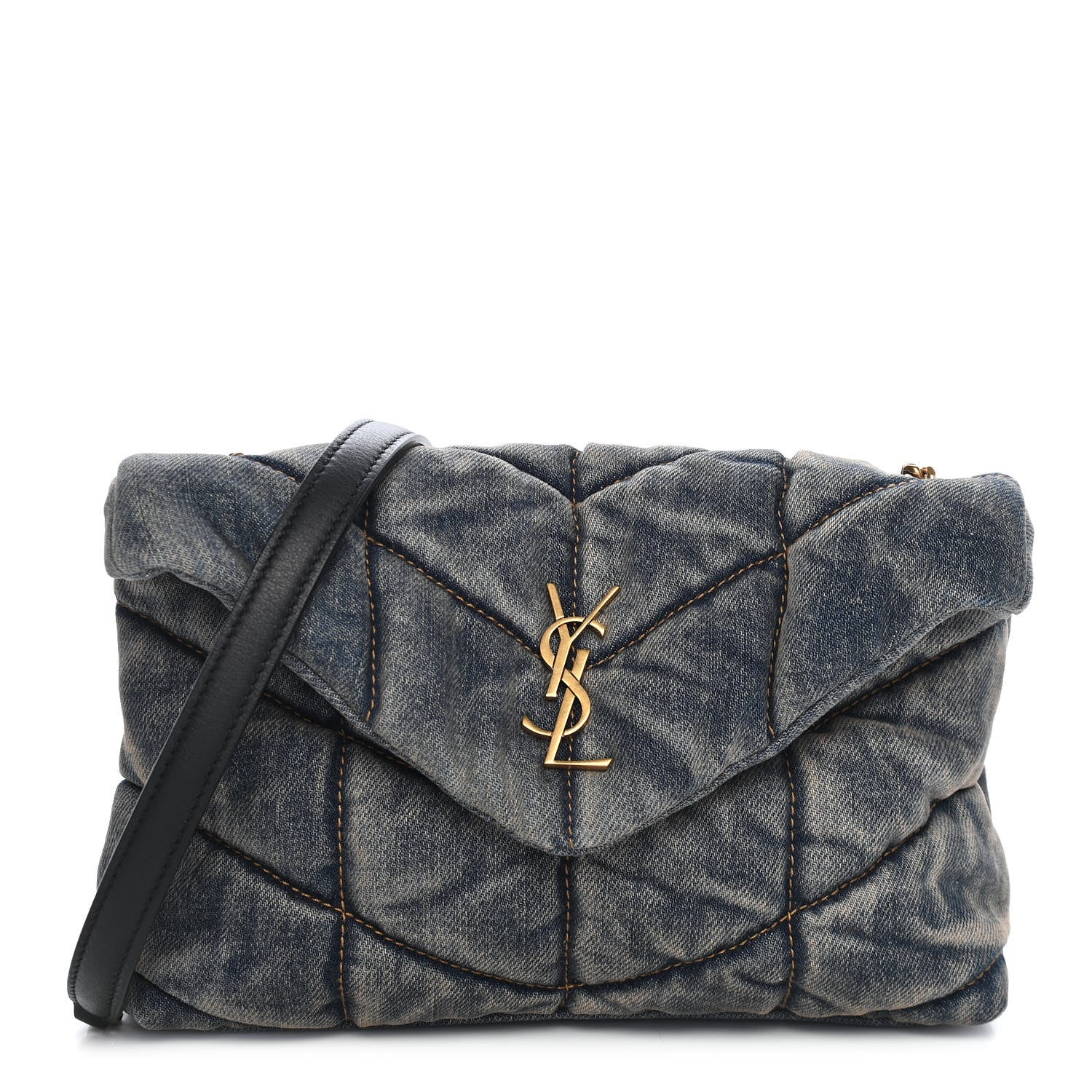 Saint Laurent Denim Quilted Toy Loulou Puffer Monogram Chain Satchel Blue Black 1 of 9