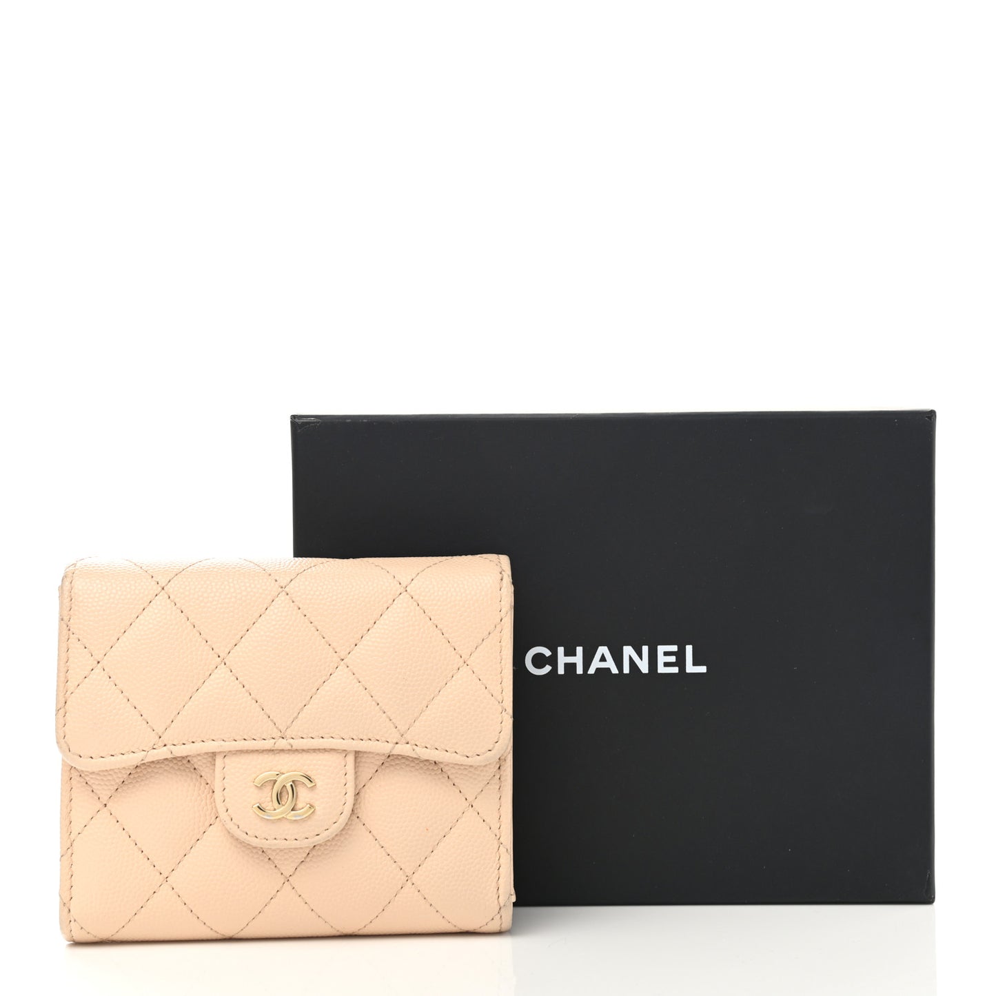 Caviar Quilted Compact Flap Wallet Beige