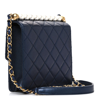 Chanel Iridescent Lambskin Quilted Chic Pearls Flap Navy Blue 3 of 10