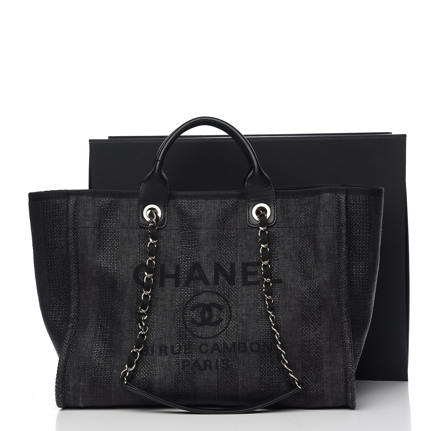 Straw Raffia Calfskin Striped Large Deauville Tote Black