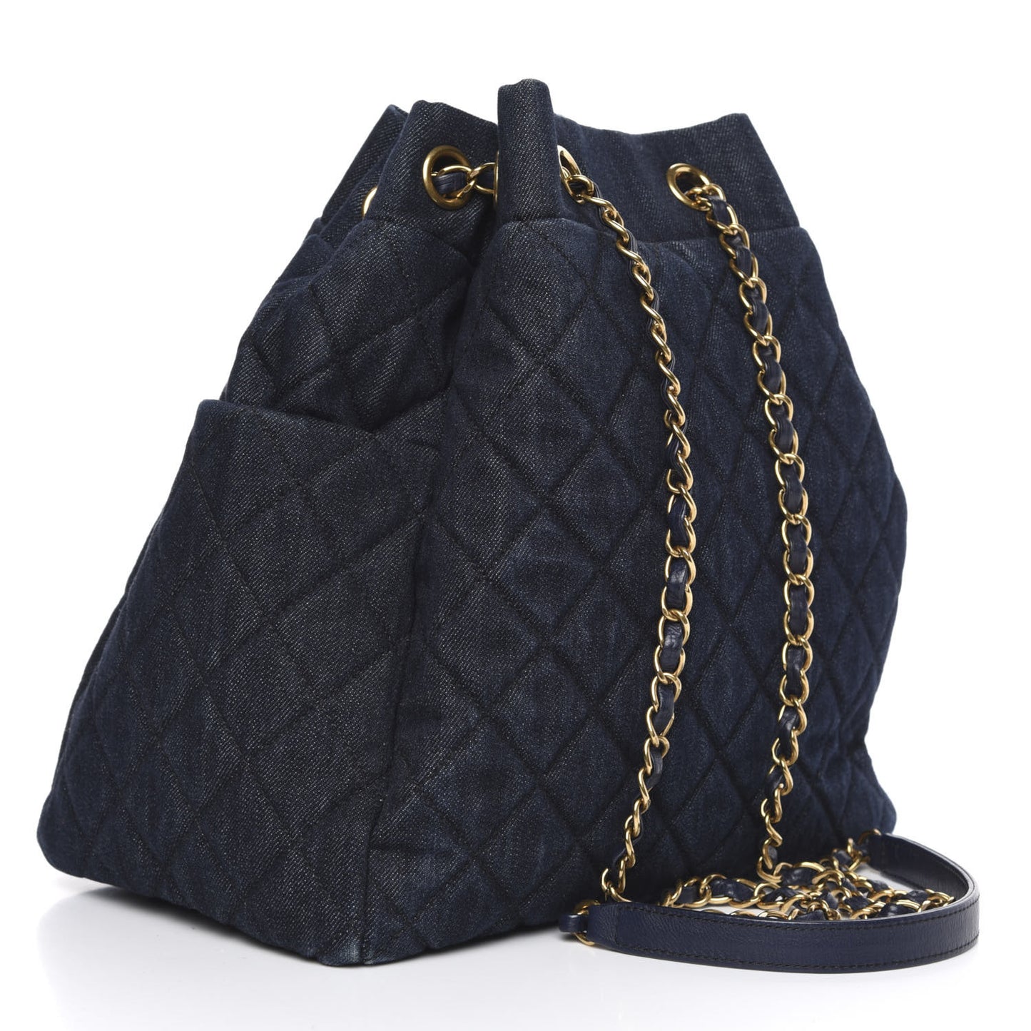Washed Denim Quilted Large Urban Spirit Drawstring Bag Dark Blue