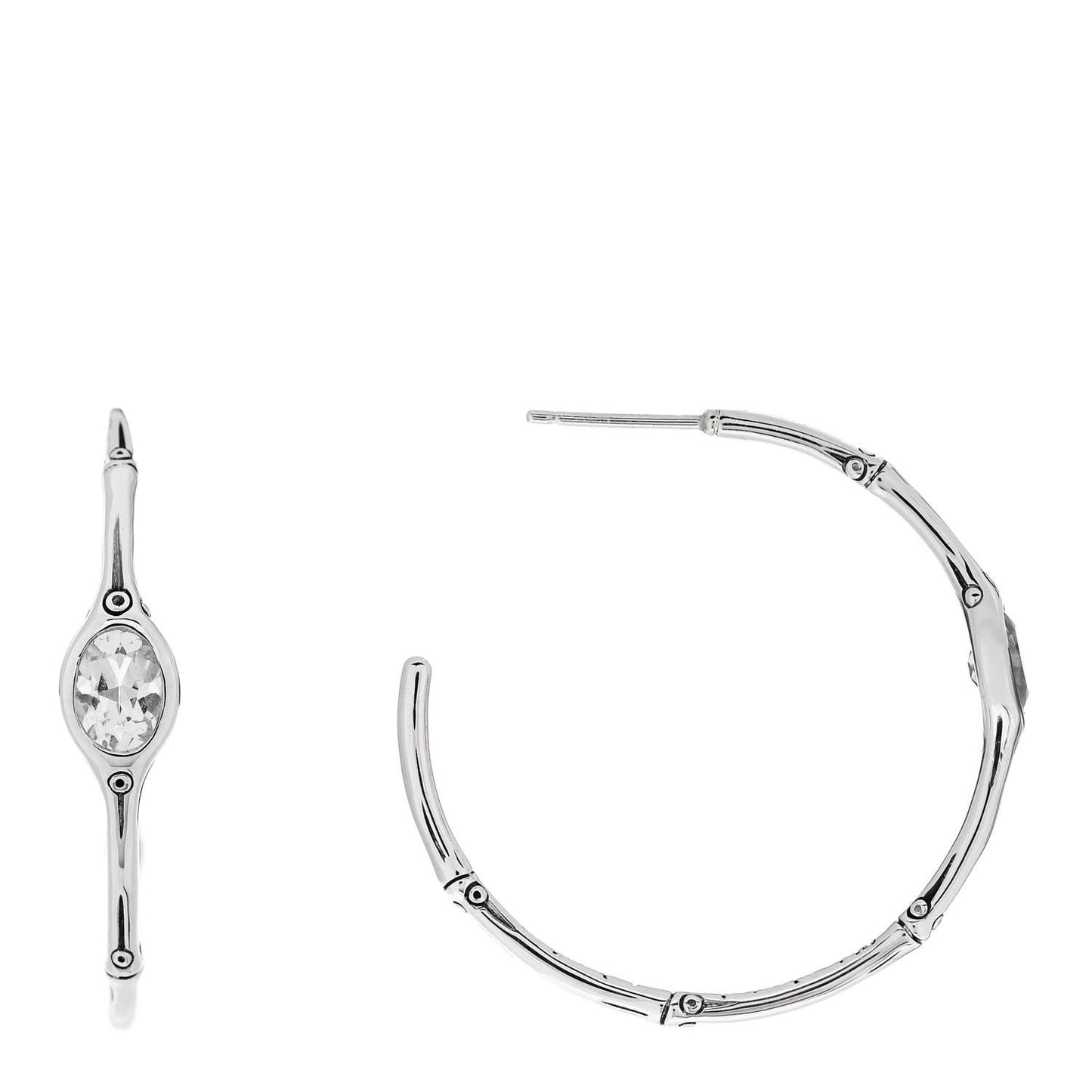 Sterling Silver Rock Crystal Bamboo Hoop Earrings