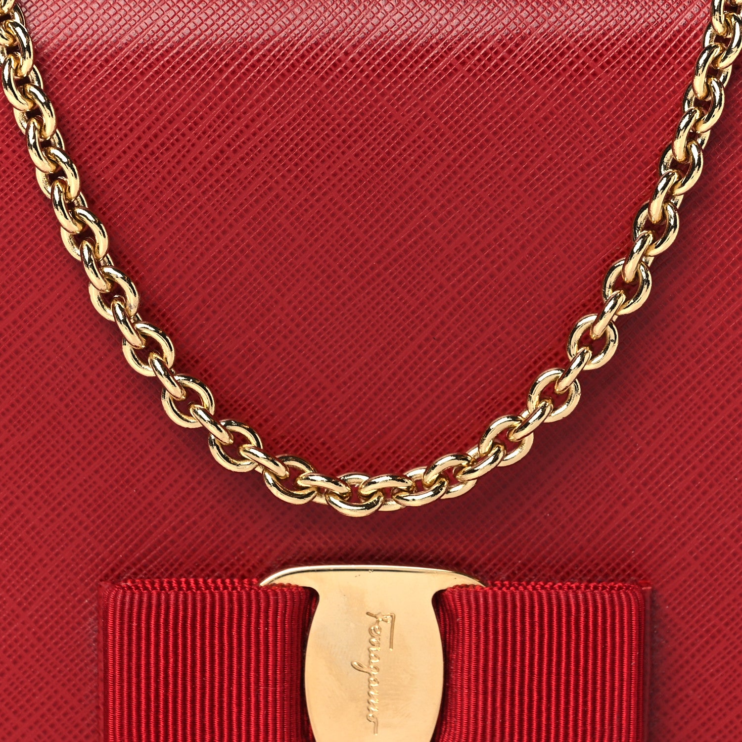 Salvatore Ferragamo Hammered Calfskin Vara Bow Chain Wallet Red 6 of 8