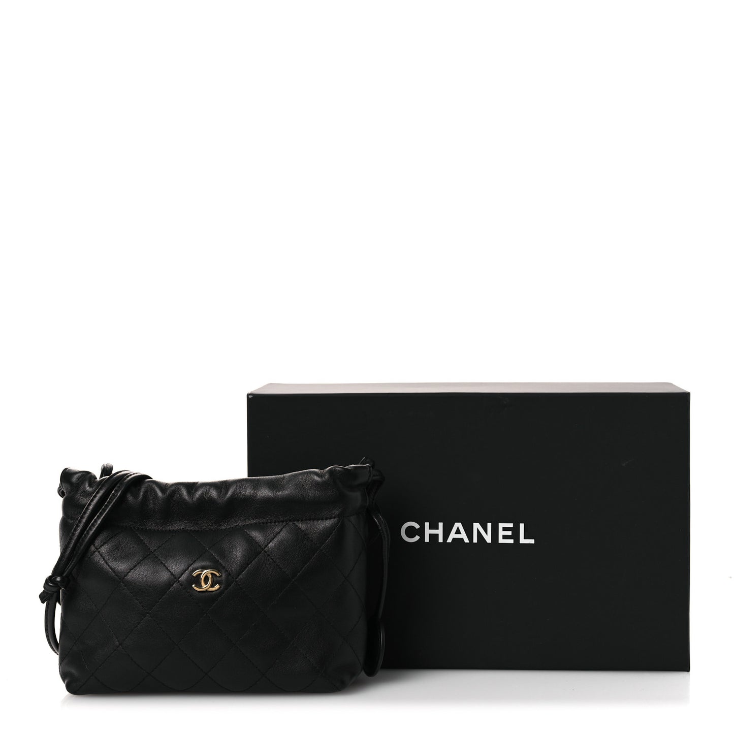 Lambskin Quilted Drawstring Clutch With Strap Black
