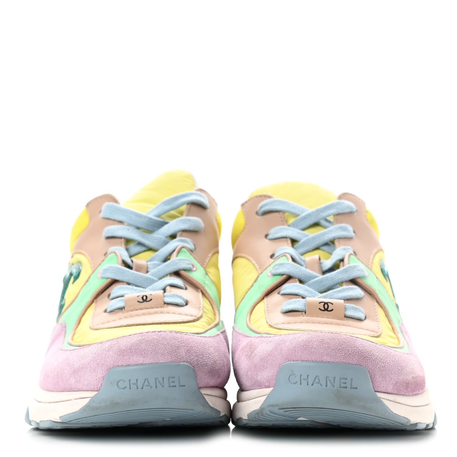 Chanel Nylon Lambskin Calfskin Suede CC Womens Sneakers 40 Pink Yellow Purple 2 of 10