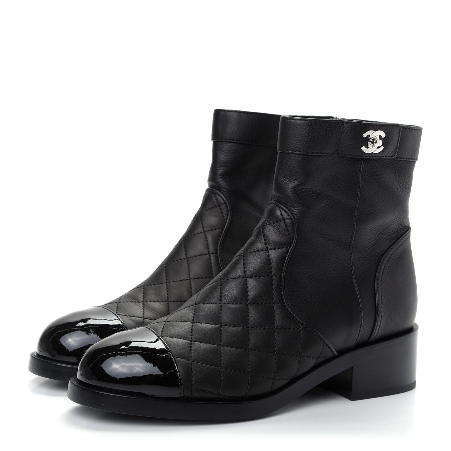 Calfskin Patent Quilted Cap Toe Short Boots 39.5 Black