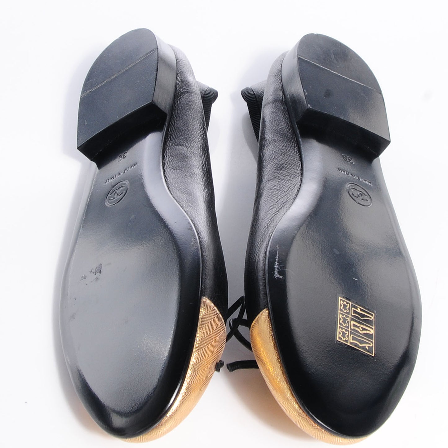 Calfskin CC Cap Toe Ballerina Flats Black Gold 38