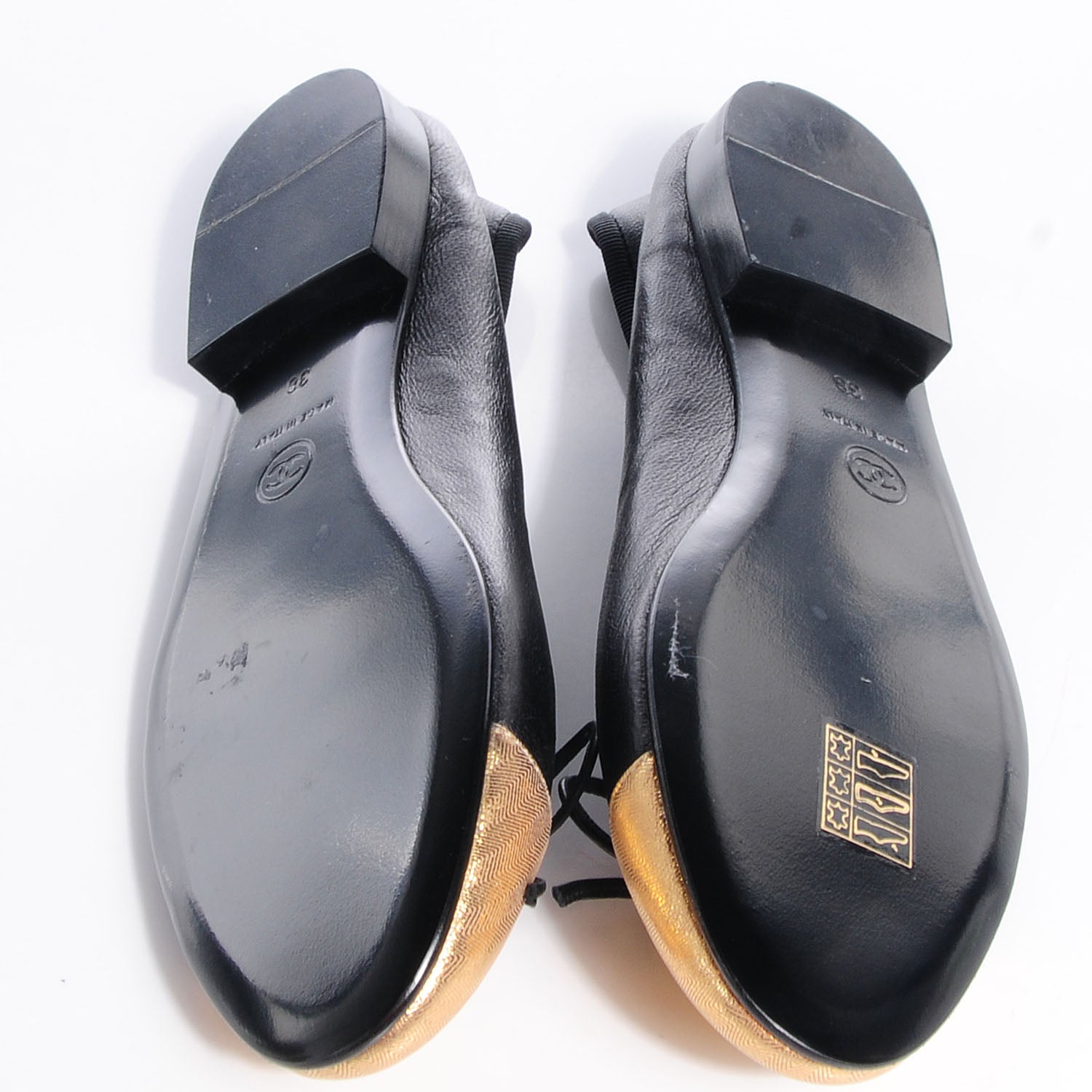 Chanel Calfskin CC Cap Toe Ballerina Flats Black Gold 38 5 of 8