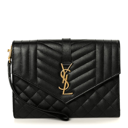 Saint Laurent Grain De Poudre Textured Mixed Matelasse Triquilt Monogram Clutch Black 1 of 9