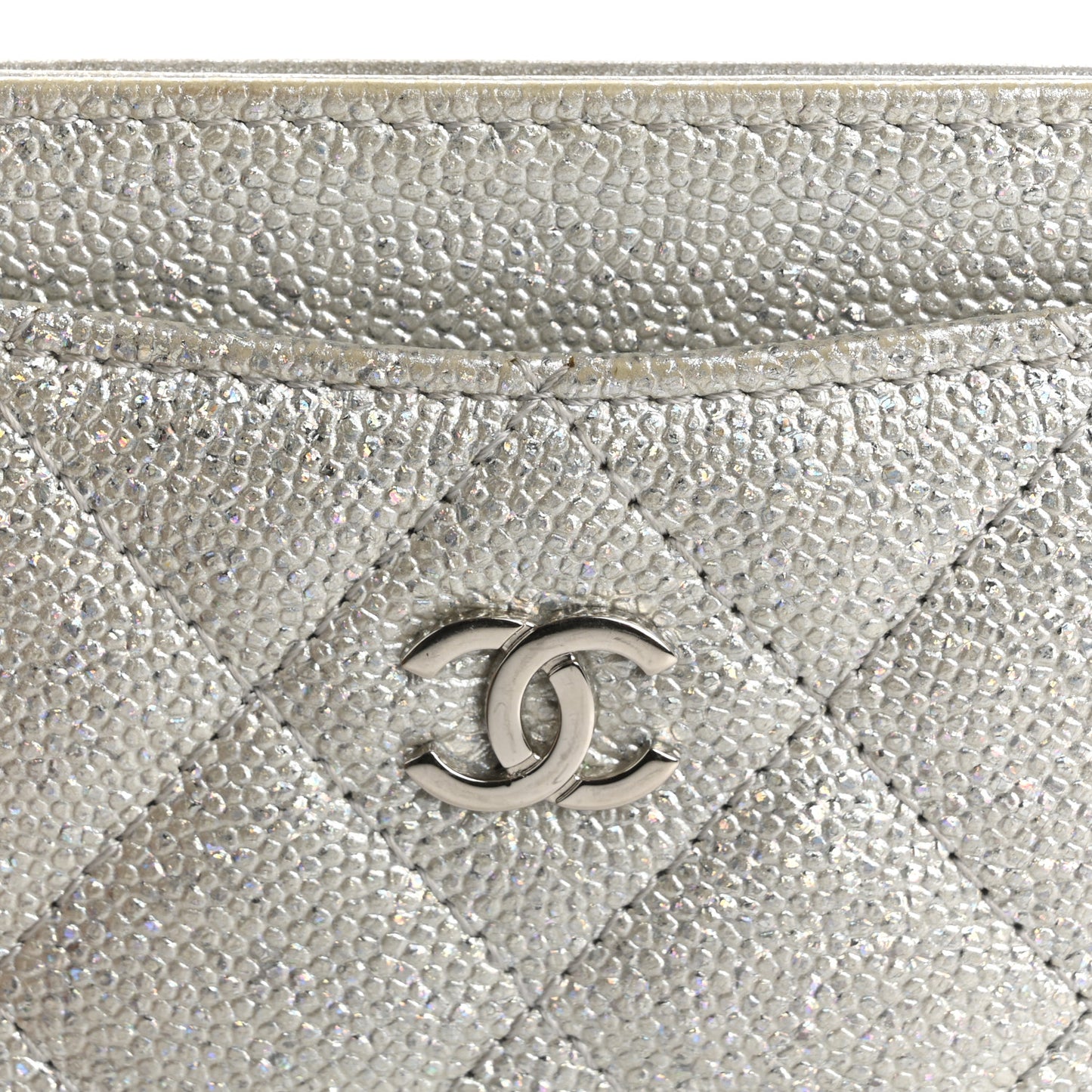 Glittered Metallic Caviar Quilted Card Holder Silver