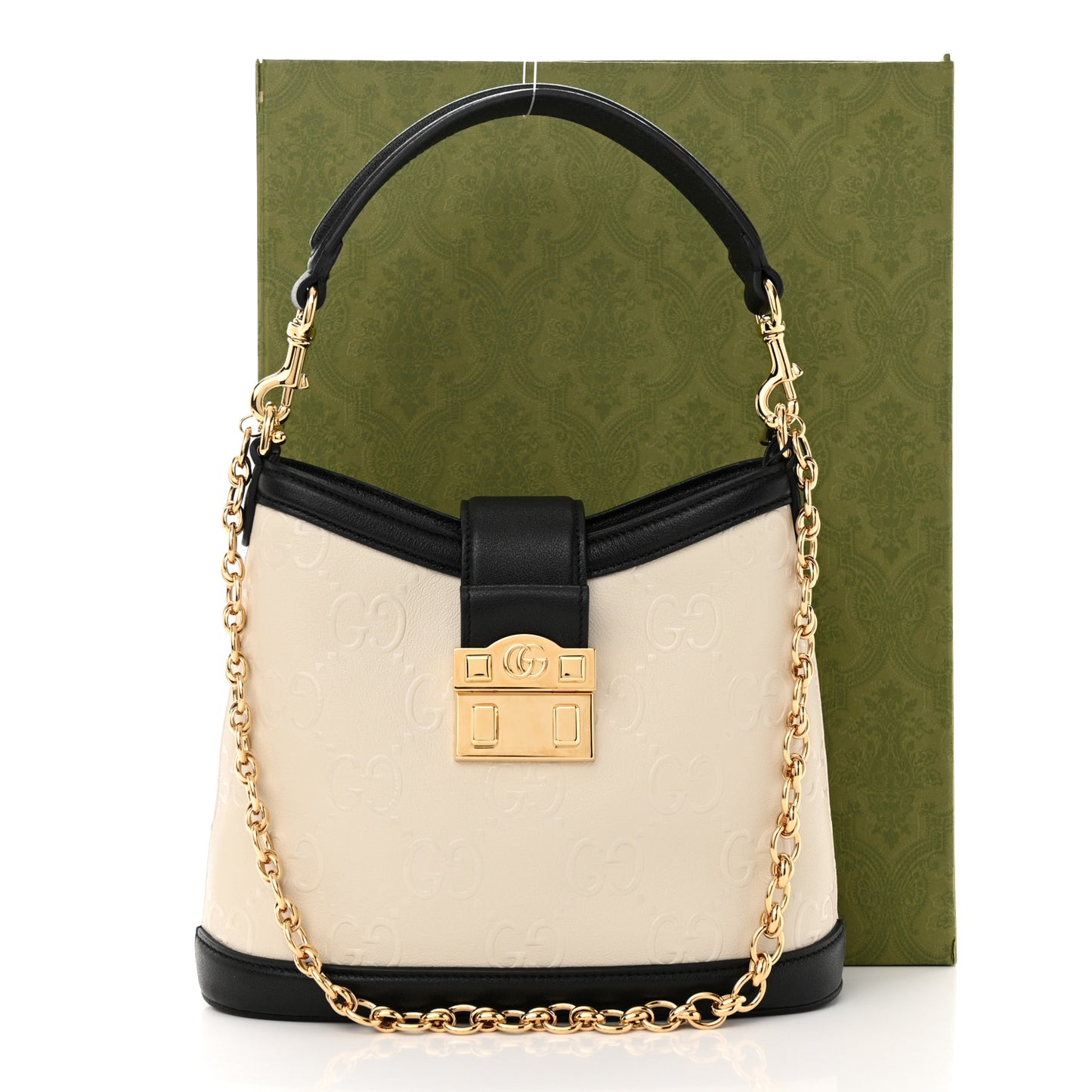 Wonka Grain Calfskin GG Monogram Debossed Small Padlock Shoulder Bag Mystic White Black