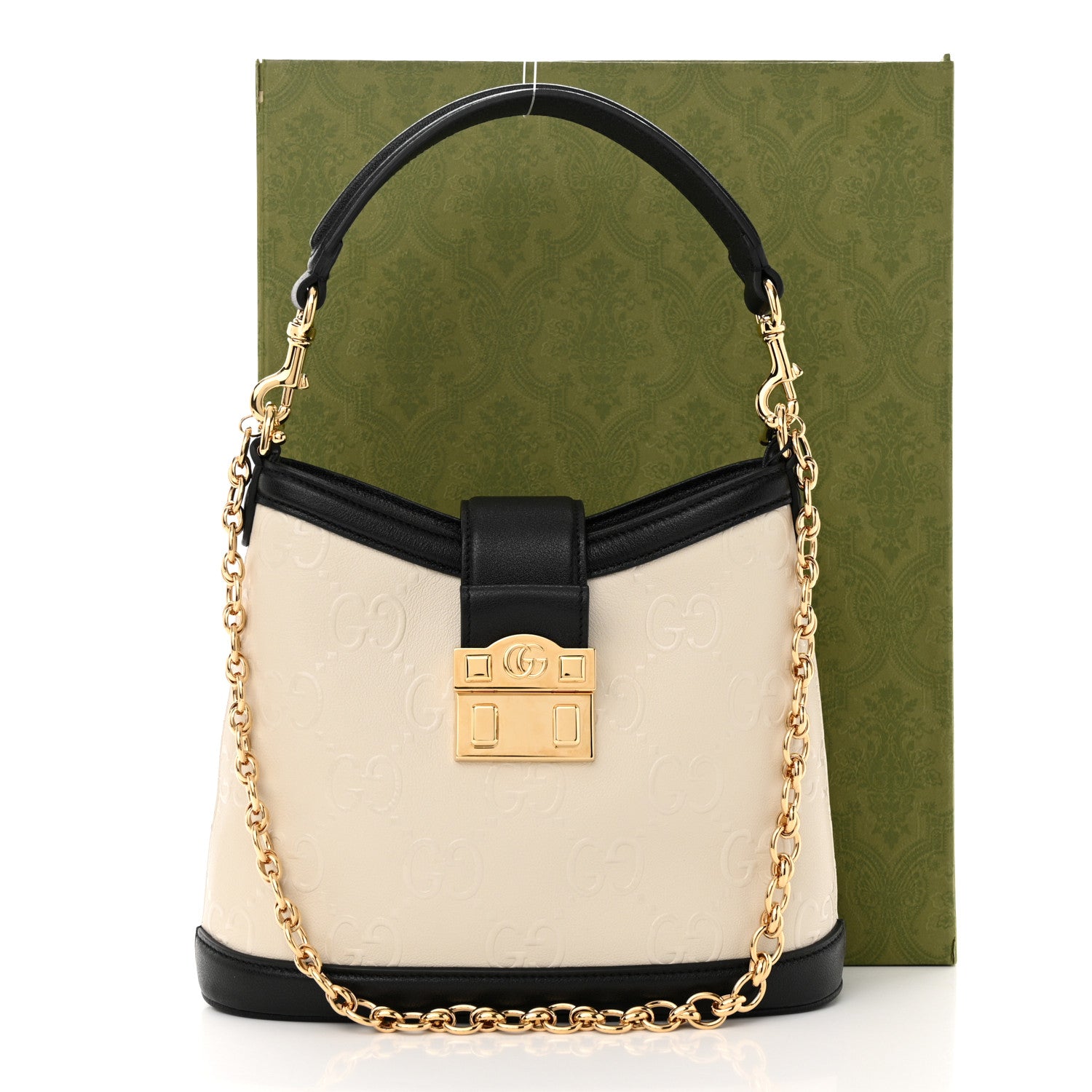 Gucci Wonka Grain Calfskin GG Monogram Debossed Small Padlock Shoulder Bag Mystic White Black 11 of 11