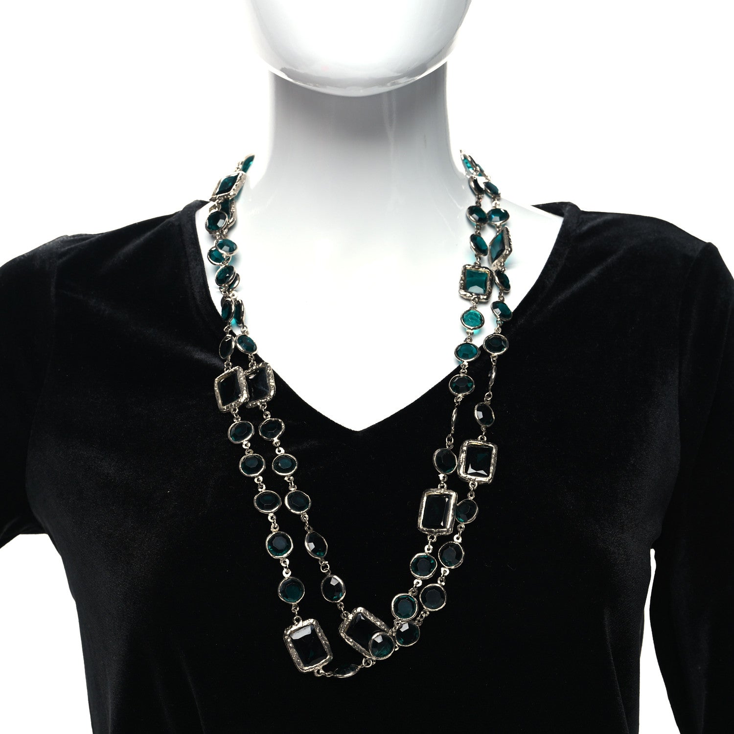 Chanel Swarovski Crystal Chicklet Sautoir Necklace Gold Green 2 of 4