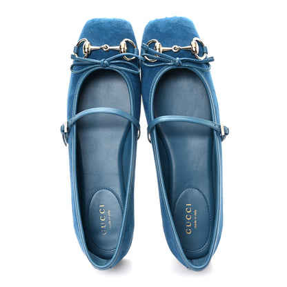 Gucci Kid Scamosciato Horsebit Ballet Flats 37.5 Deep Acqua 2 of 10