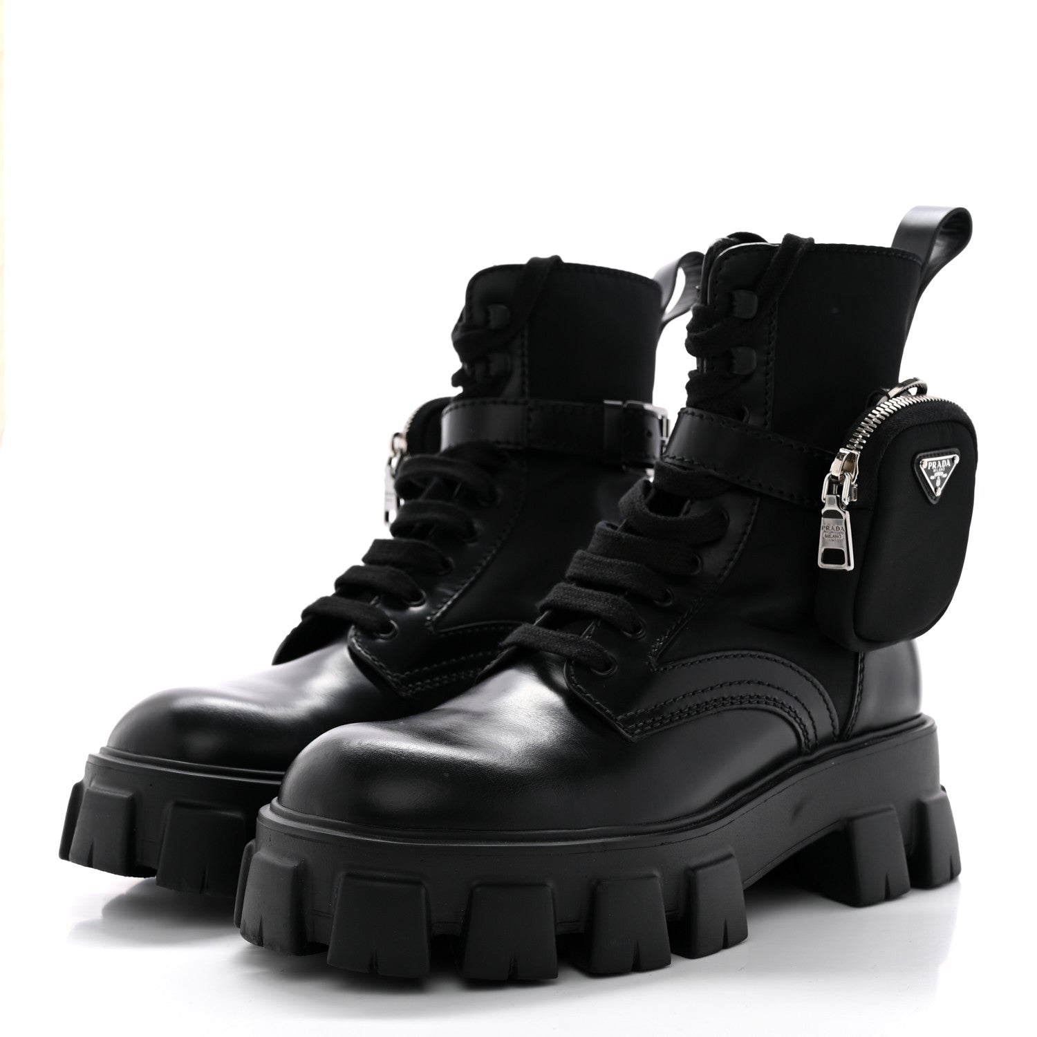 Prada Spazzolato Rois Re-Nylon Metal Triangle Logo Mens Monolith Pouch Pocket 60mm Combat Boots 7 Black 3 of 15