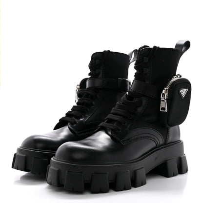 Prada Spazzolato Rois Re-Nylon Metal Triangle Logo Mens Monolith Pouch Pocket 60mm Combat Boots 7 Black 3 of 15
