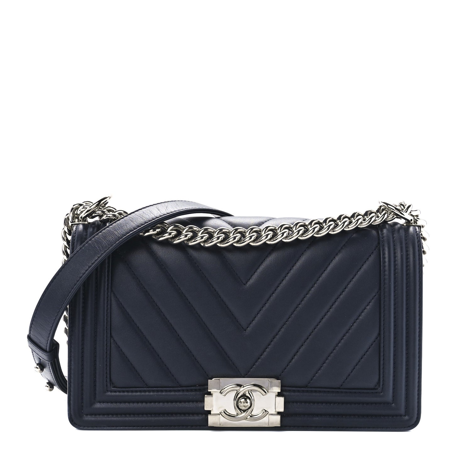 Lambskin Chevron Quilted Medium Boy Flap Navy Blue