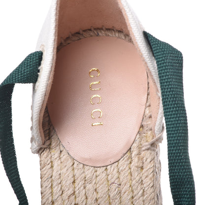 Gucci Canvas Malaga Kid Web Ankle Wrap Espadrille Wedge Sandals 36.5 Green Red Mystic White Emerald 9 of 13