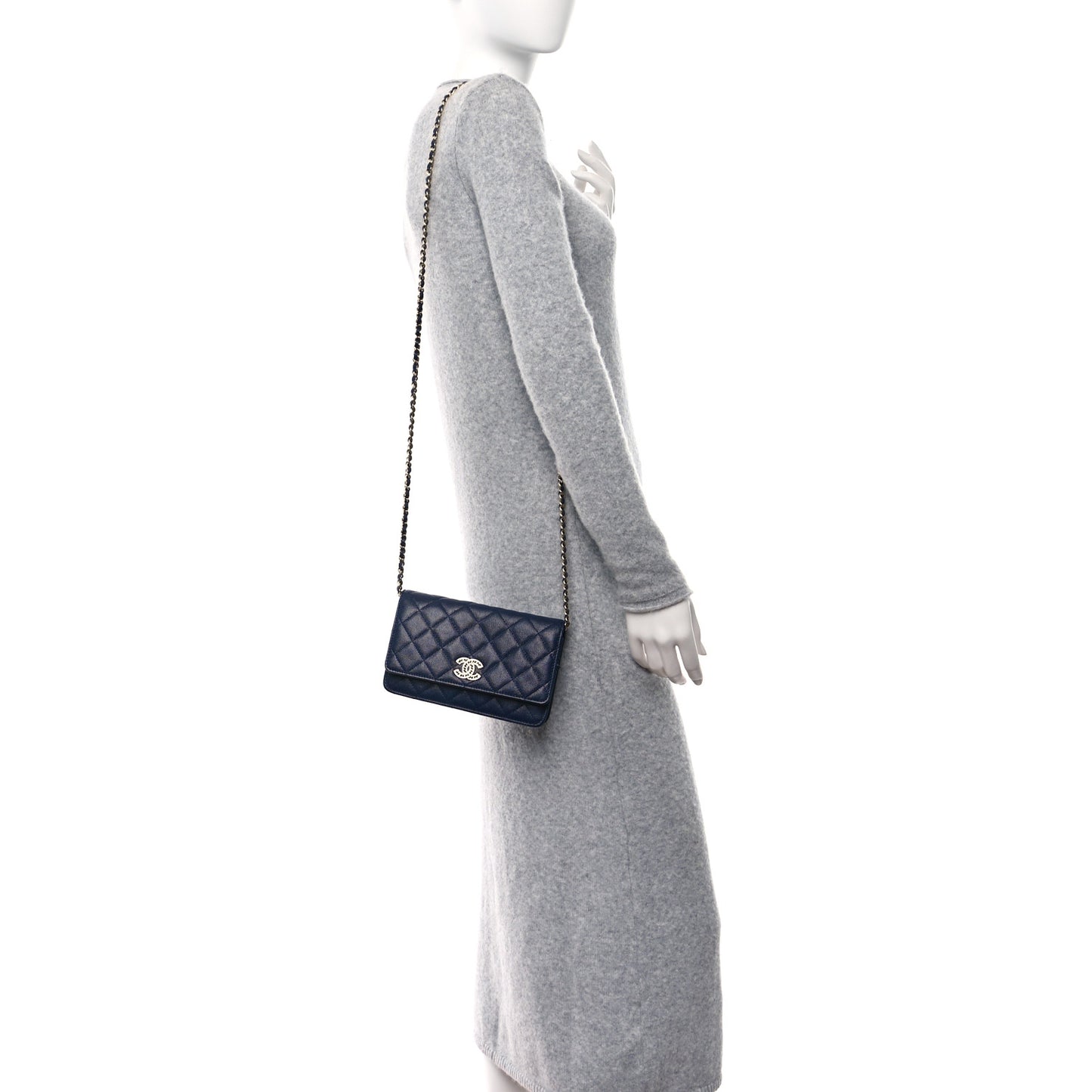 Caviar Quilted Crystal CC Wallet On Chain WOC Navy
