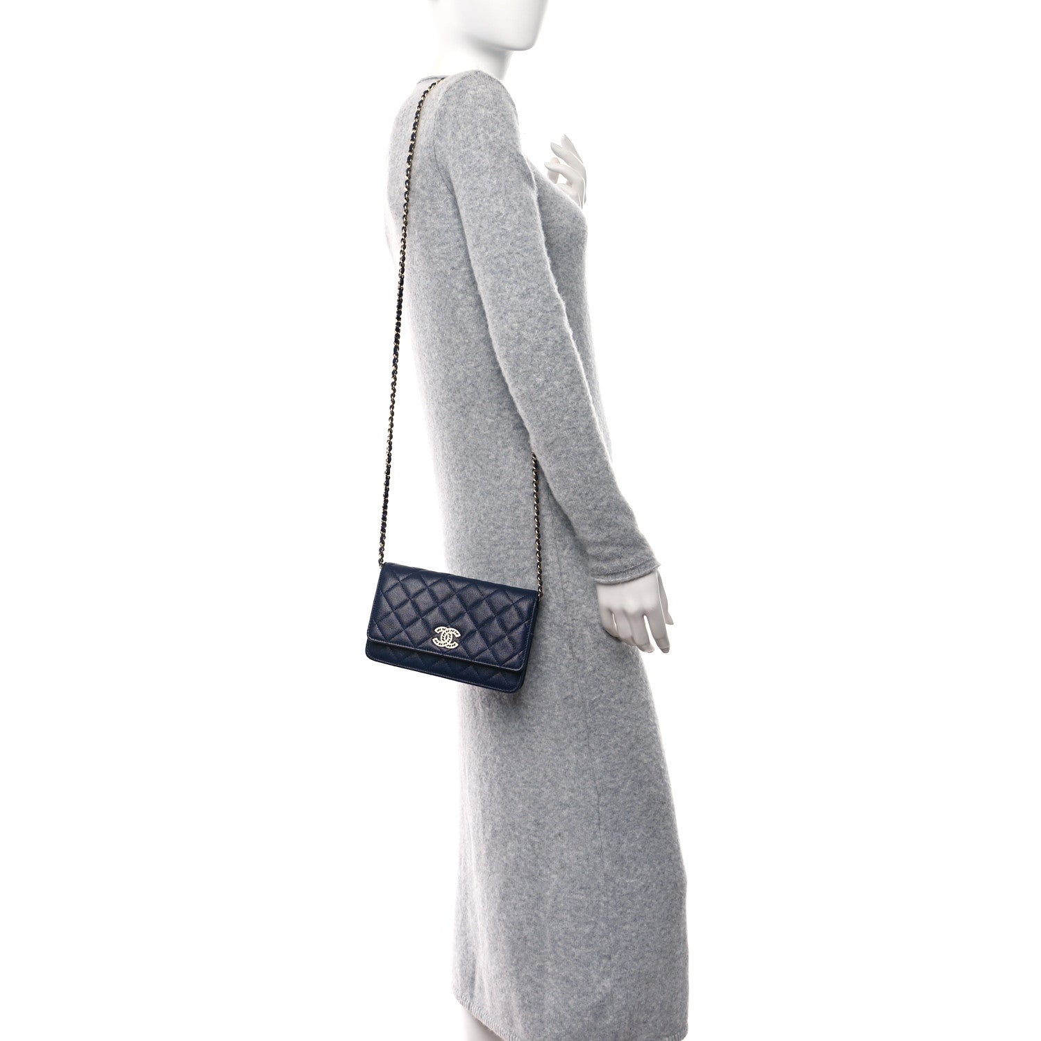 Chanel Caviar Quilted Crystal CC Wallet On Chain WOC Navy 2 of 9