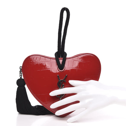 Saint Laurent Patent Crocodile Embossed Sac Coeur Heart Shaped Clutch Red 2 of 8