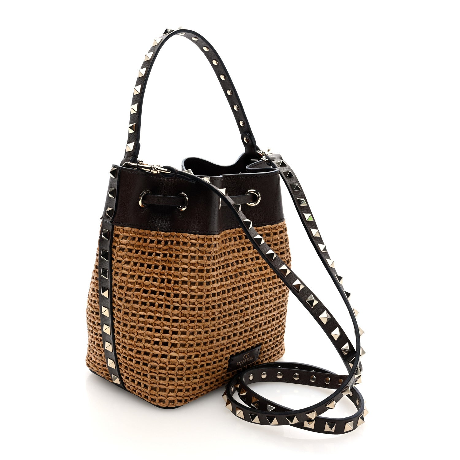 Valentino Garavani Raffia Calfskin Rockstud Drawstring Shoulder Bag Tobacco Cacao 3 of 9