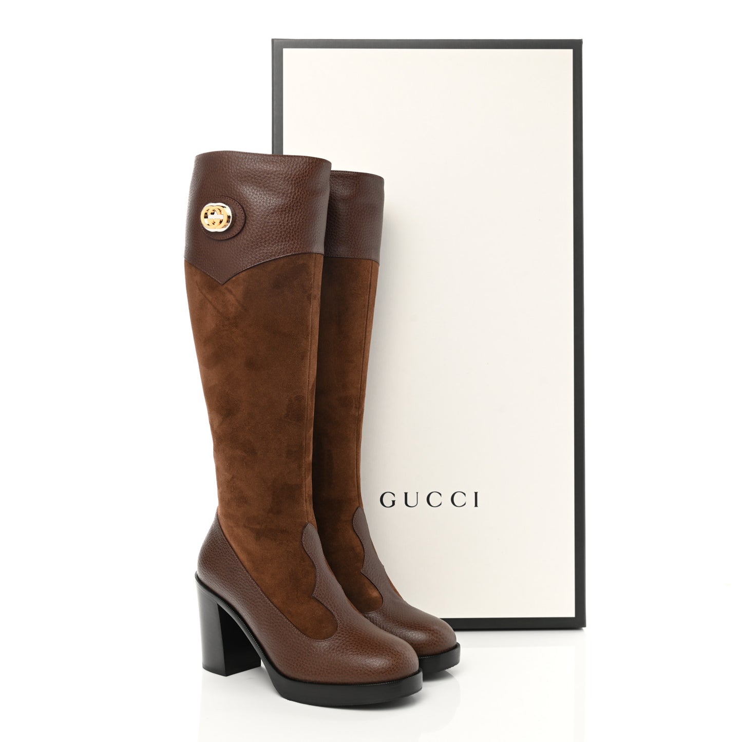 Austin Calfskin Super Softy Suede Interlocking G Knee High Boots 36.5 Brown Mahogany