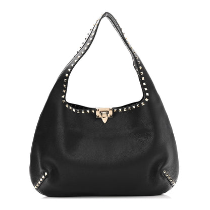 Valentino Garavani Grained Calfskin Large Rockstud Hobo Black 1 of 9