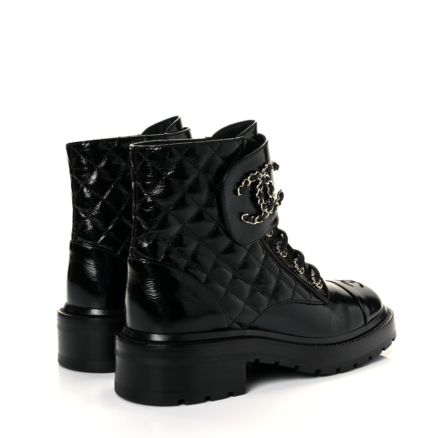 Chanel Shiny Calfskin Quilted Lace Up Combat Boots 37.5 Black 4 of 8