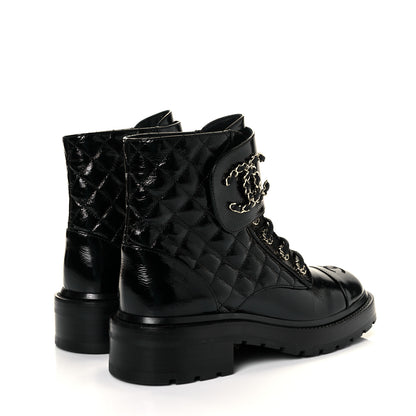 Chanel Shiny Calfskin Quilted Lace Up Combat Boots 37.5 Black 4 of 8