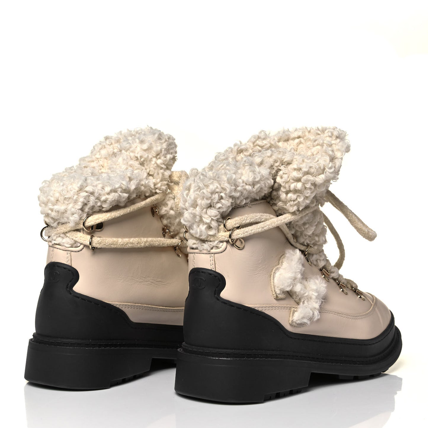 Calfskin Shearling CC Lace Up Boots 37.5 Light Beige Ivory